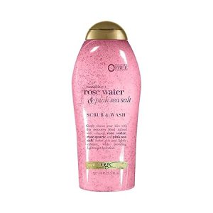 OGX Sensitive + Pink Sea Salt & Rosewater Sulfate-Free Soothing Body Scrub with Healing Rose Quartz