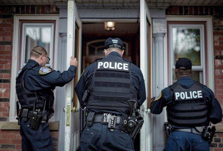 Police officers knocking at a front door of a house