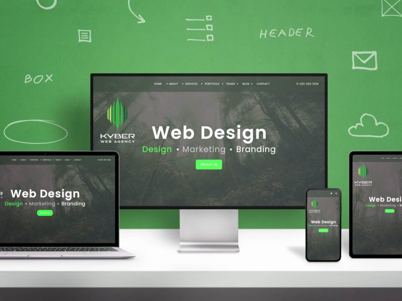 Web design studio web site responsive design presentation on computer display, laptop, smart phone and tablet. Blue wall with web design concept elements